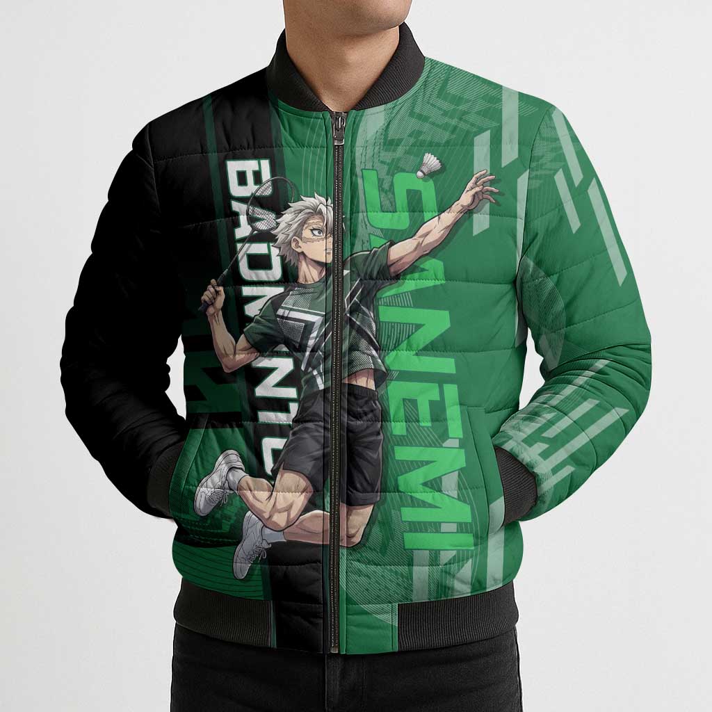 Personalized Shinazugawa Sanemi Badminton Bomber Puffer Jacket Design with Jump Shot Pose - The Mazicc