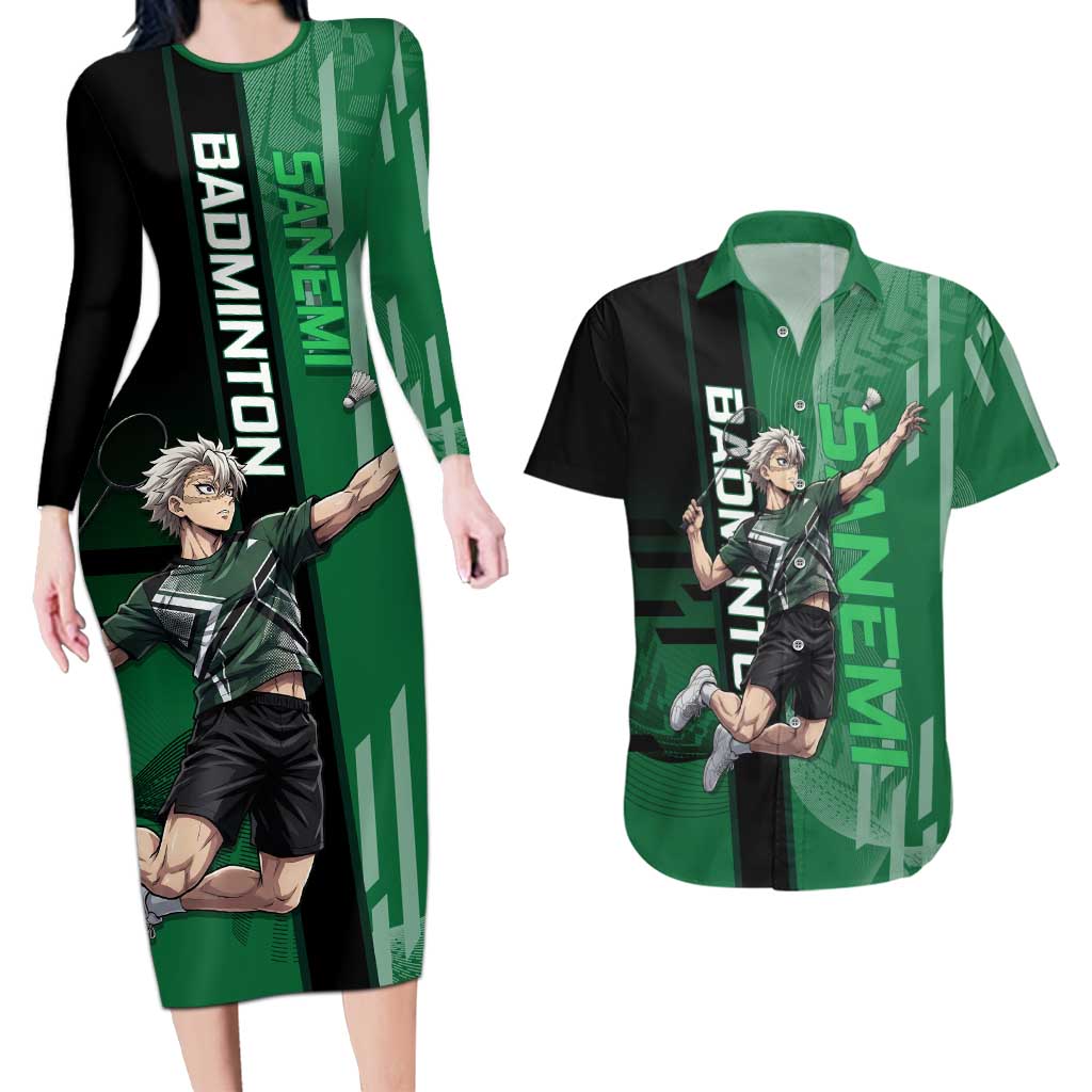 Personalized Shinazugawa Sanemi Badminton Couples Matching Long Sleeve Bodycon Dress and Hawaiian Shirt Design with Jump Shot Pose - The Mazicc