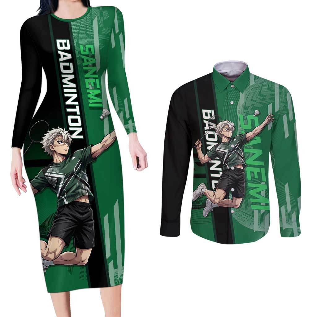 Personalized Shinazugawa Sanemi Badminton Couples Matching Long Sleeve Bodycon Dress and Long Sleeve Button Shirt Design with Jump Shot Pose - The Mazicc