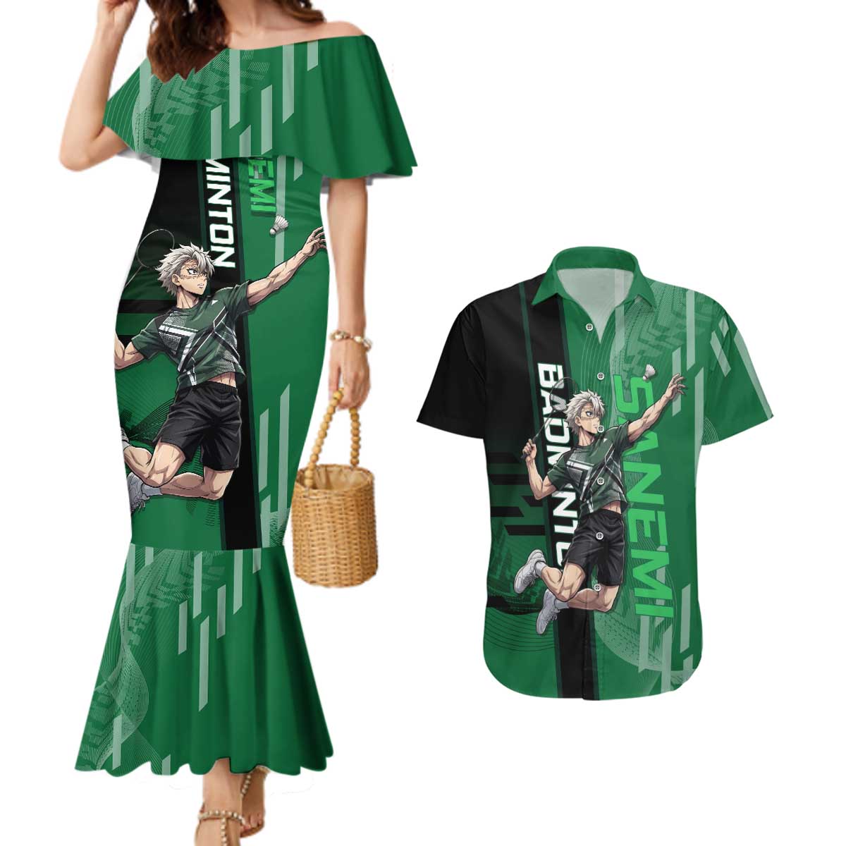 Personalized Shinazugawa Sanemi Badminton Couples Matching Mermaid Dress and Hawaiian Shirt Design with Jump Shot Pose - The Mazicc