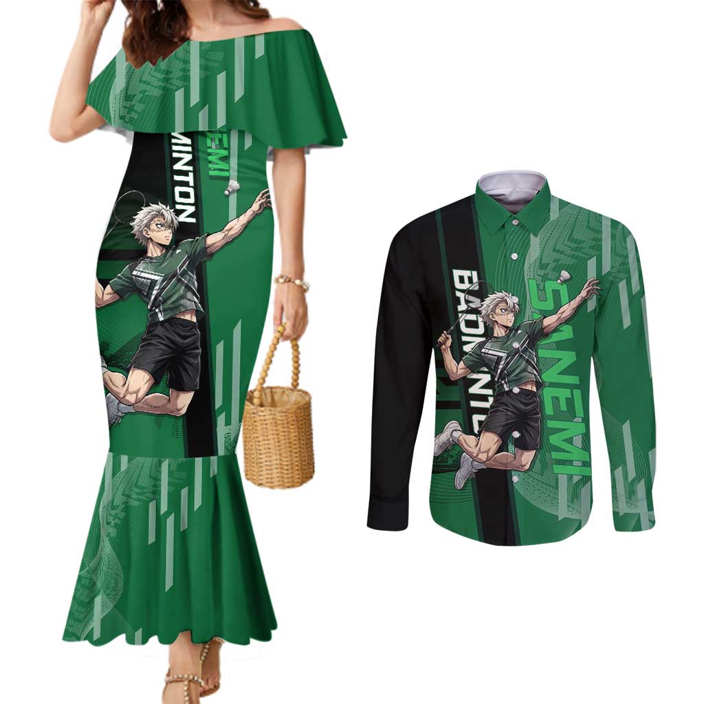 Personalized Shinazugawa Sanemi Badminton Couples Matching Mermaid Dress and Long Sleeve Button Shirt Design with Jump Shot Pose - The Mazicc