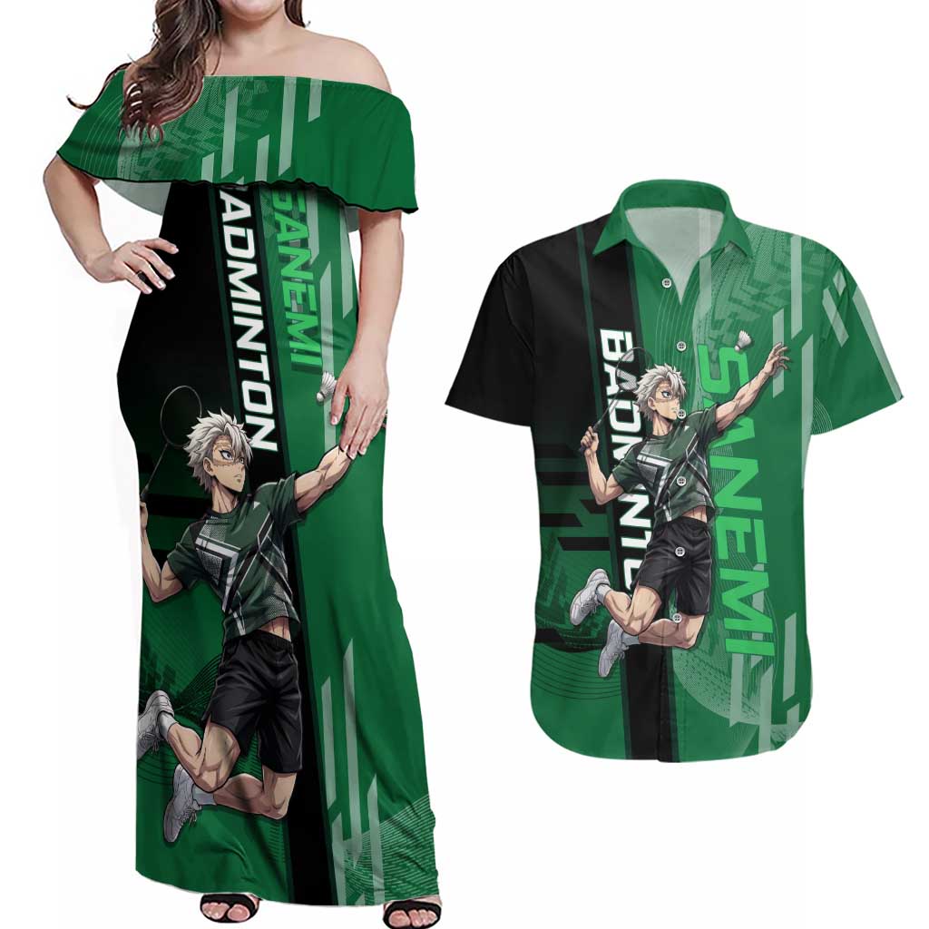 Personalized Shinazugawa Sanemi Badminton Couples Matching Off Shoulder Maxi Dress and Hawaiian Shirt Design with Jump Shot Pose - The Mazicc