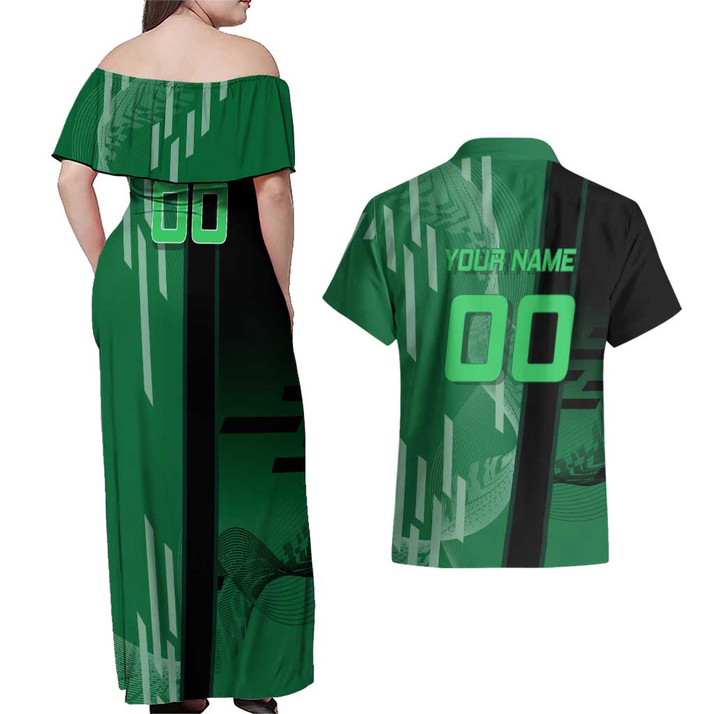 Personalized Shinazugawa Sanemi Badminton Couples Matching Off Shoulder Maxi Dress and Hawaiian Shirt Design with Jump Shot Pose - The Mazicc