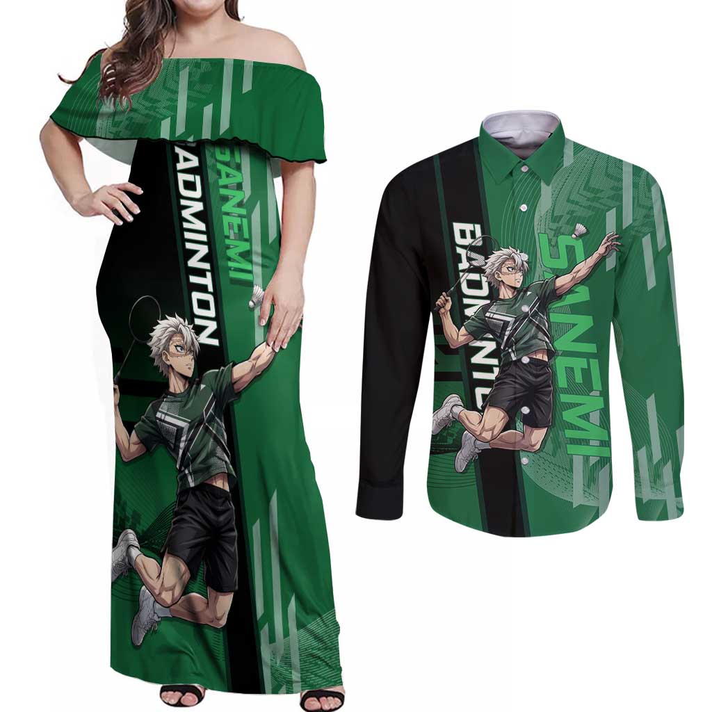 Personalized Shinazugawa Sanemi Badminton Couples Matching Off Shoulder Maxi Dress and Long Sleeve Button Shirt Design with Jump Shot Pose - The Mazicc