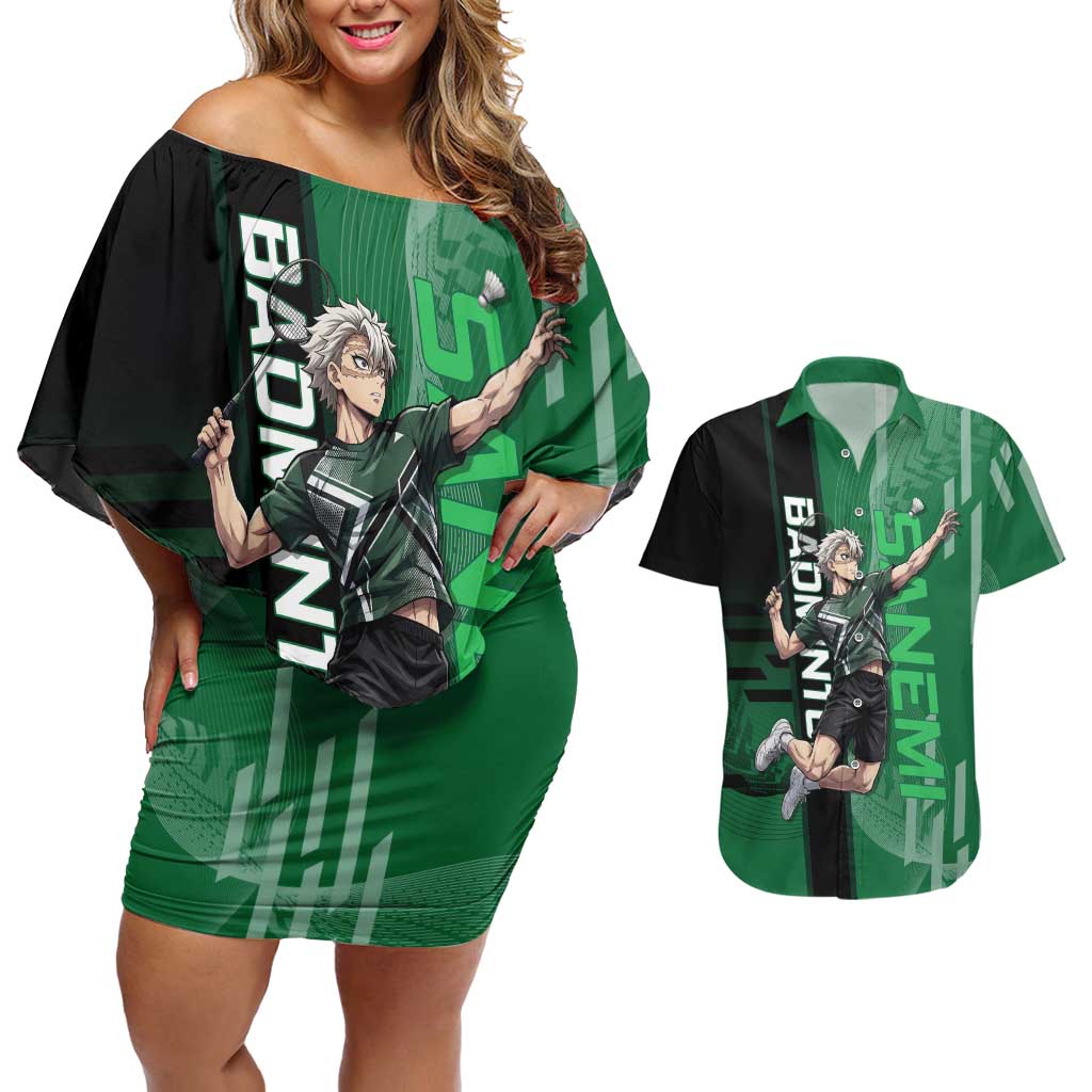 Personalized Shinazugawa Sanemi Badminton Couples Matching Off Shoulder Short Dress and Hawaiian Shirt Design with Jump Shot Pose - The Mazicc