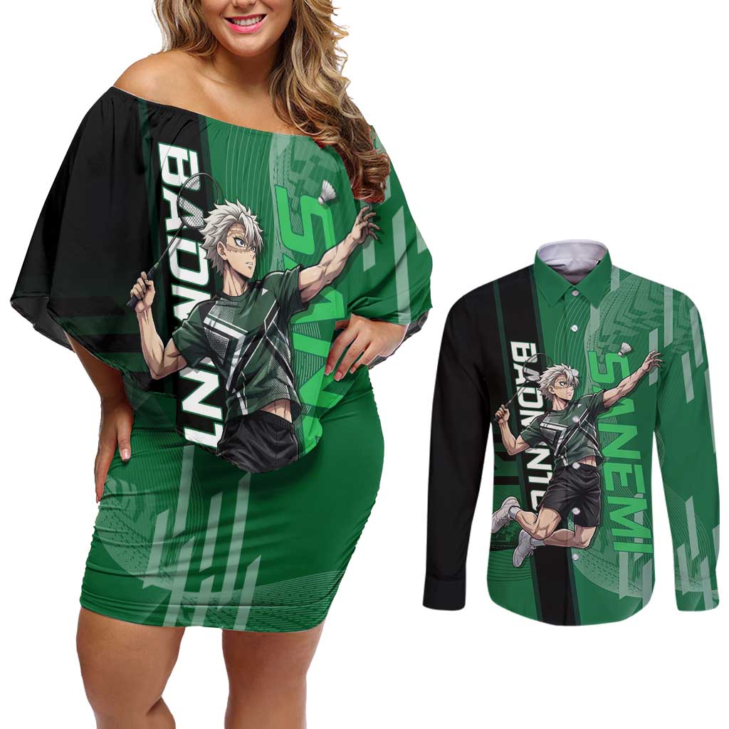 Personalized Shinazugawa Sanemi Badminton Couples Matching Off Shoulder Short Dress and Long Sleeve Button Shirt Design with Jump Shot Pose - The Mazicc