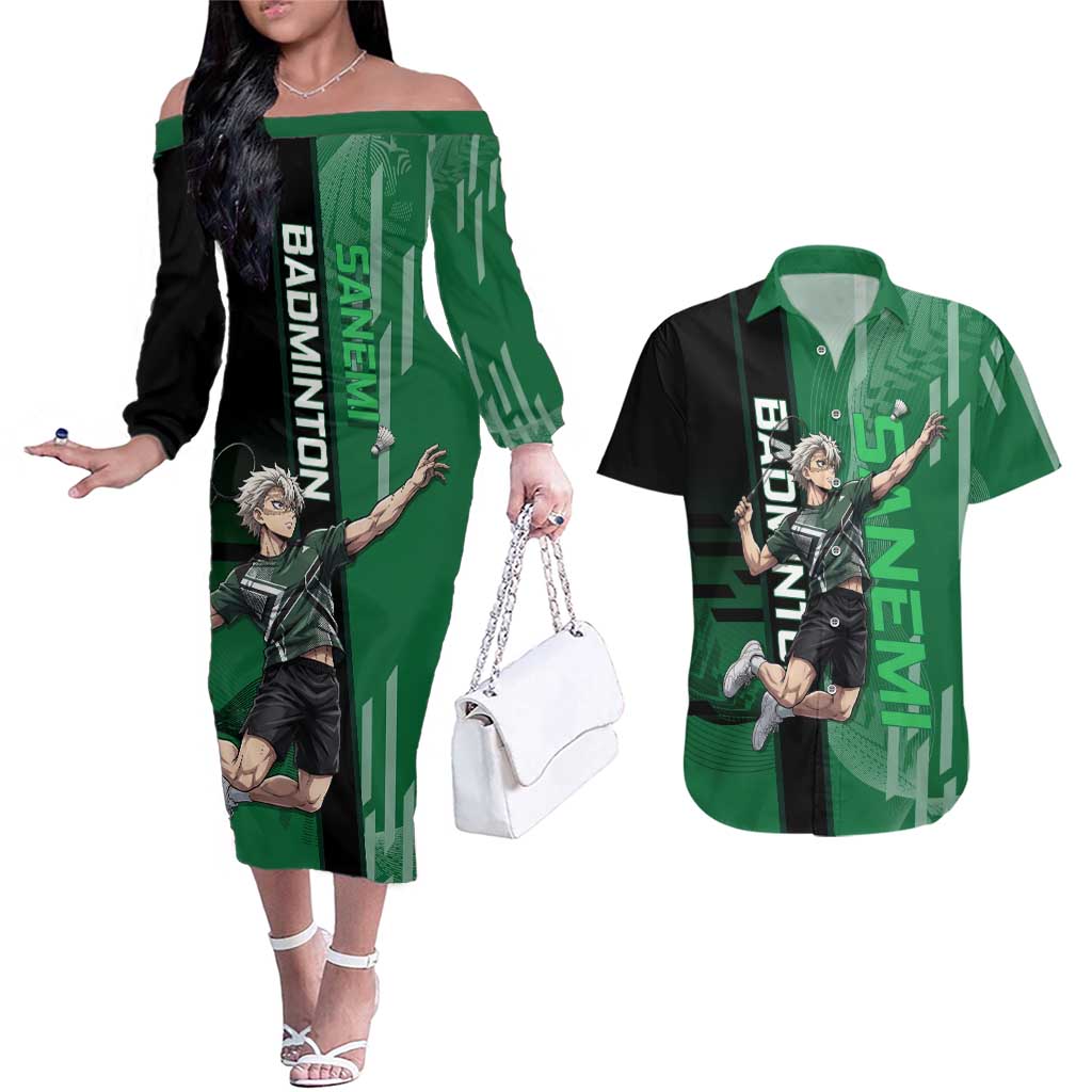 Personalized Shinazugawa Sanemi Badminton Couples Matching Off The Shoulder Long Sleeve Dress and Hawaiian Shirt Design with Jump Shot Pose - The Mazicc