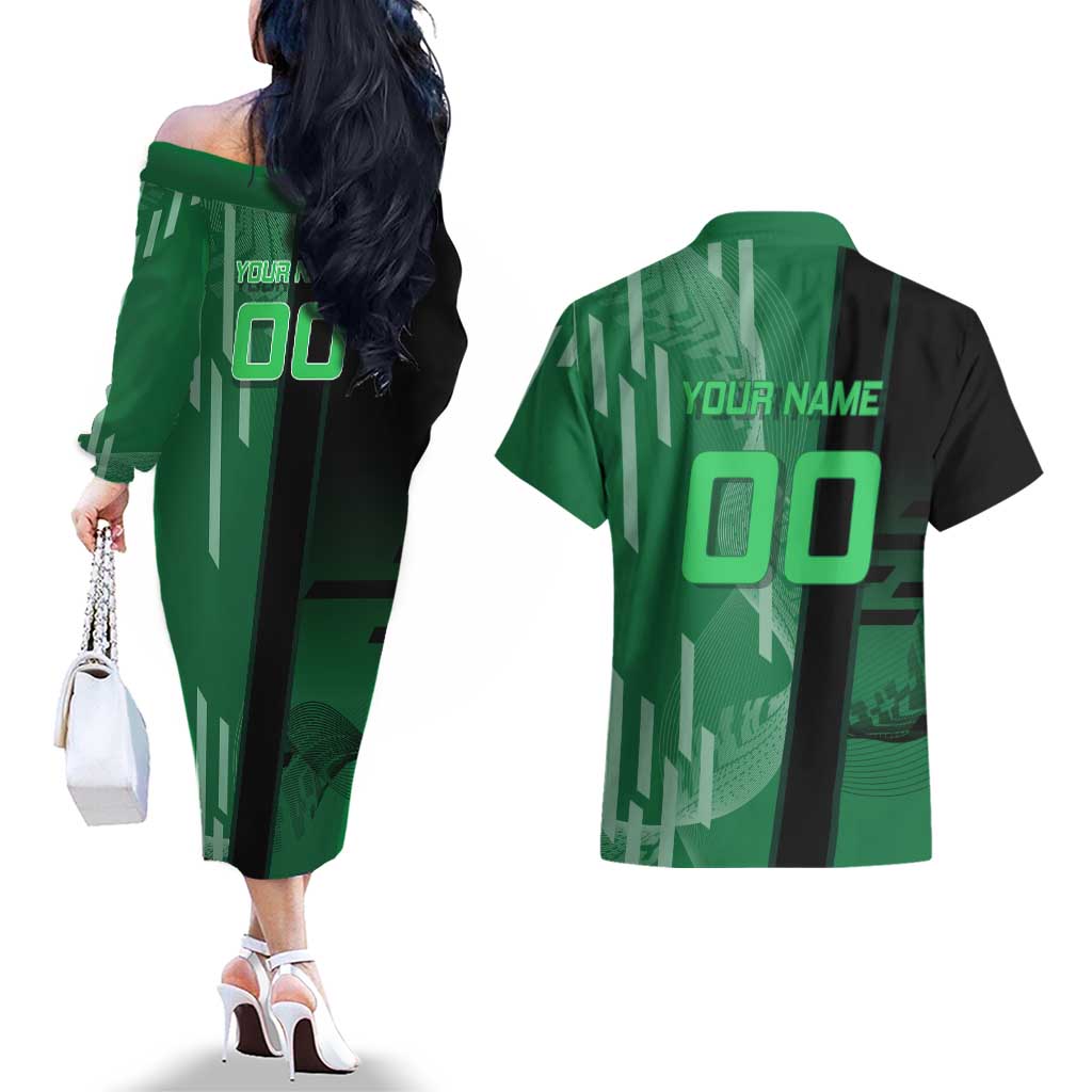 Personalized Shinazugawa Sanemi Badminton Couples Matching Off The Shoulder Long Sleeve Dress and Hawaiian Shirt Design with Jump Shot Pose - The Mazicc