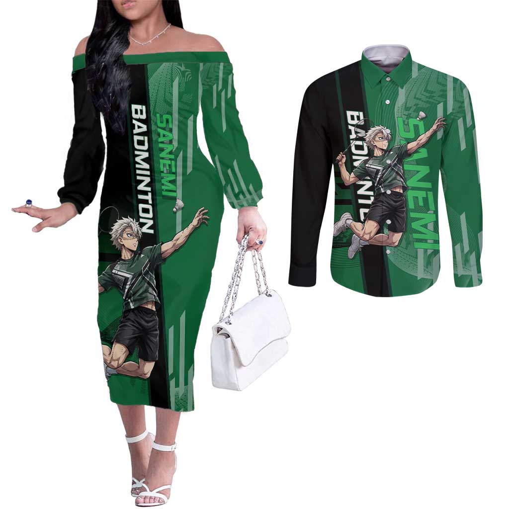 Personalized Shinazugawa Sanemi Badminton Couples Matching Off The Shoulder Long Sleeve Dress and Long Sleeve Button Shirt Design with Jump Shot Pose - The Mazicc