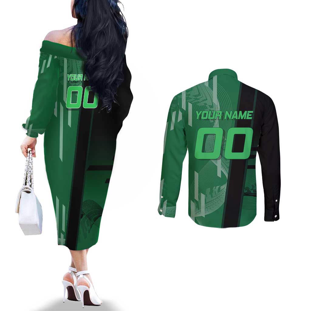 Personalized Shinazugawa Sanemi Badminton Couples Matching Off The Shoulder Long Sleeve Dress and Long Sleeve Button Shirt Design with Jump Shot Pose - The Mazicc