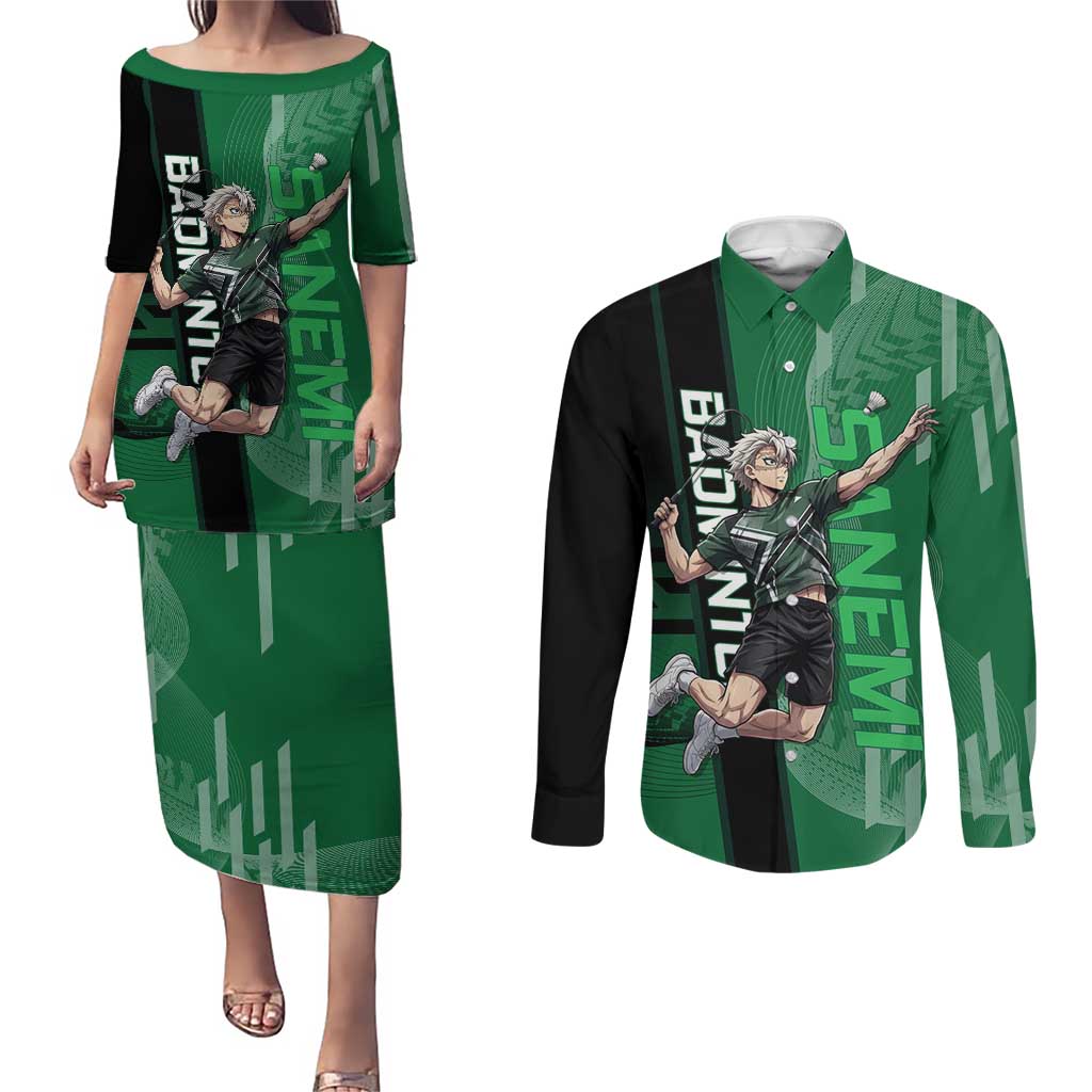 Personalized Shinazugawa Sanemi Badminton Couples Matching Puletasi and Long Sleeve Button Shirt Design with Jump Shot Pose - The Mazicc