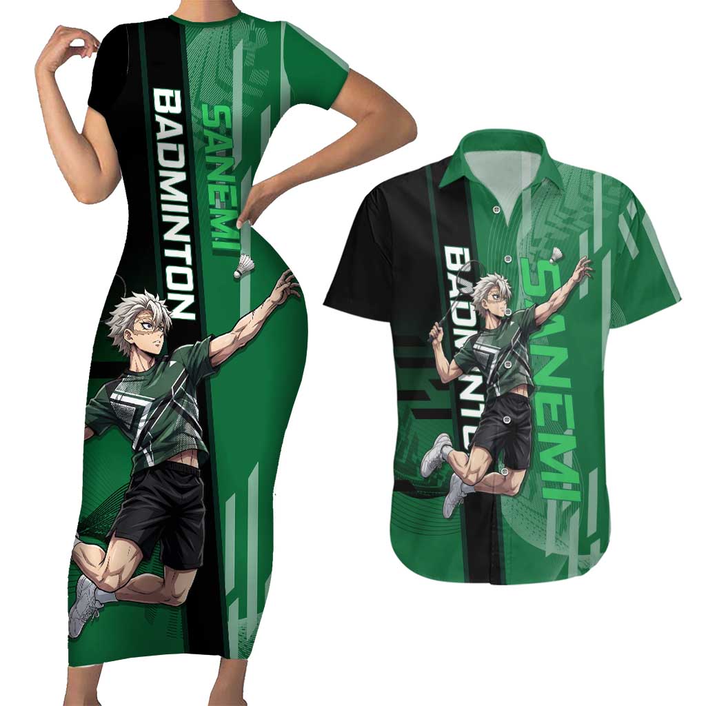 Personalized Shinazugawa Sanemi Badminton Couples Matching Short Sleeve Bodycon Dress and Hawaiian Shirt Design with Jump Shot Pose - The Mazicc