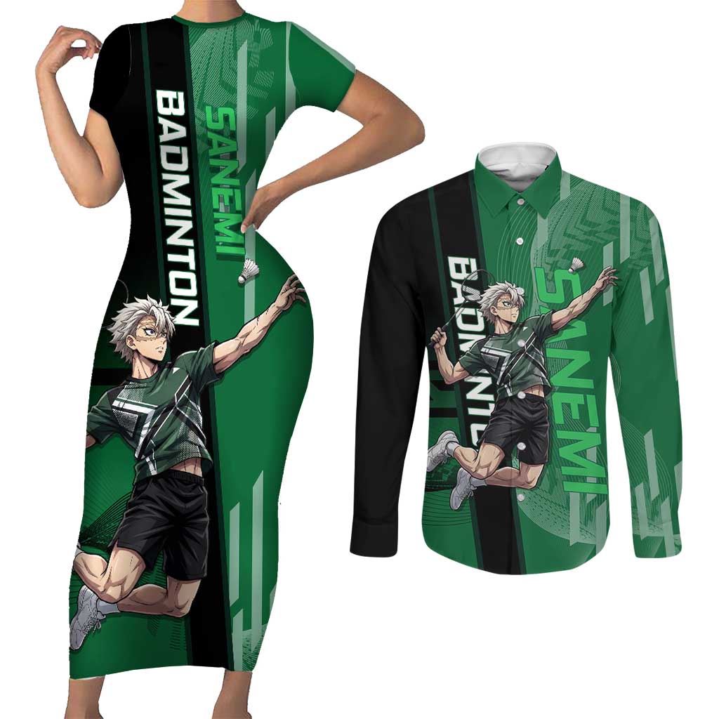 Personalized Shinazugawa Sanemi Badminton Couples Matching Short Sleeve Bodycon Dress and Long Sleeve Button Shirt Design with Jump Shot Pose - The Mazicc