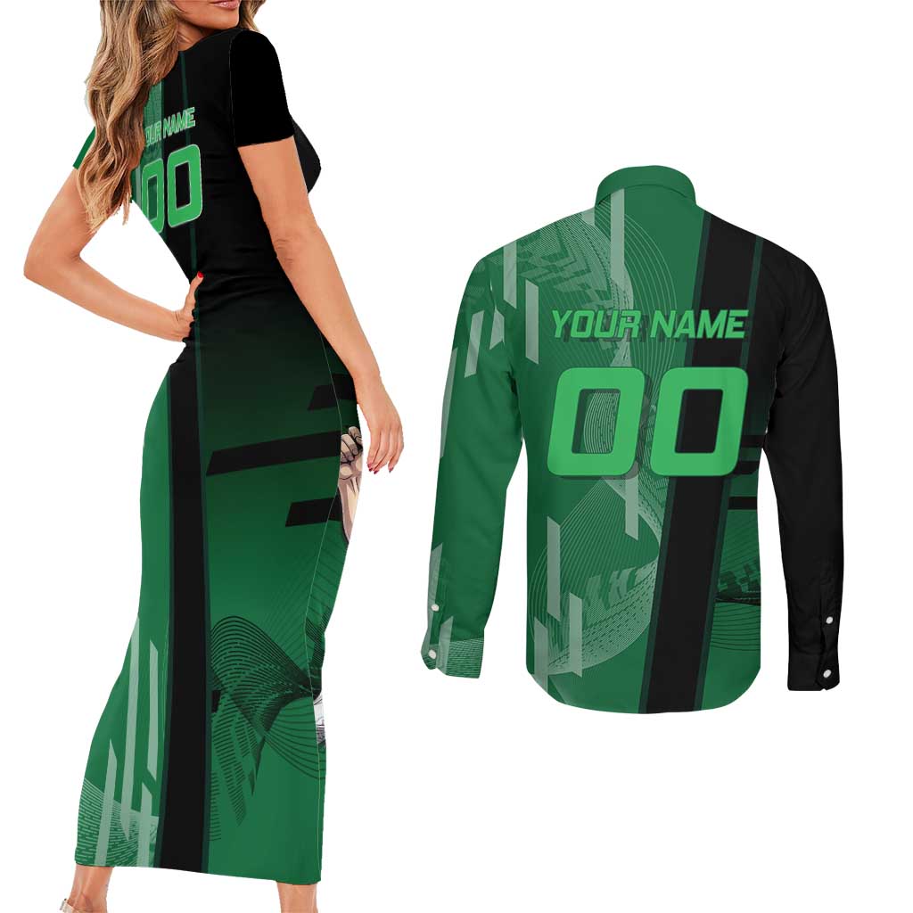 Personalized Shinazugawa Sanemi Badminton Couples Matching Short Sleeve Bodycon Dress and Long Sleeve Button Shirt Design with Jump Shot Pose - The Mazicc