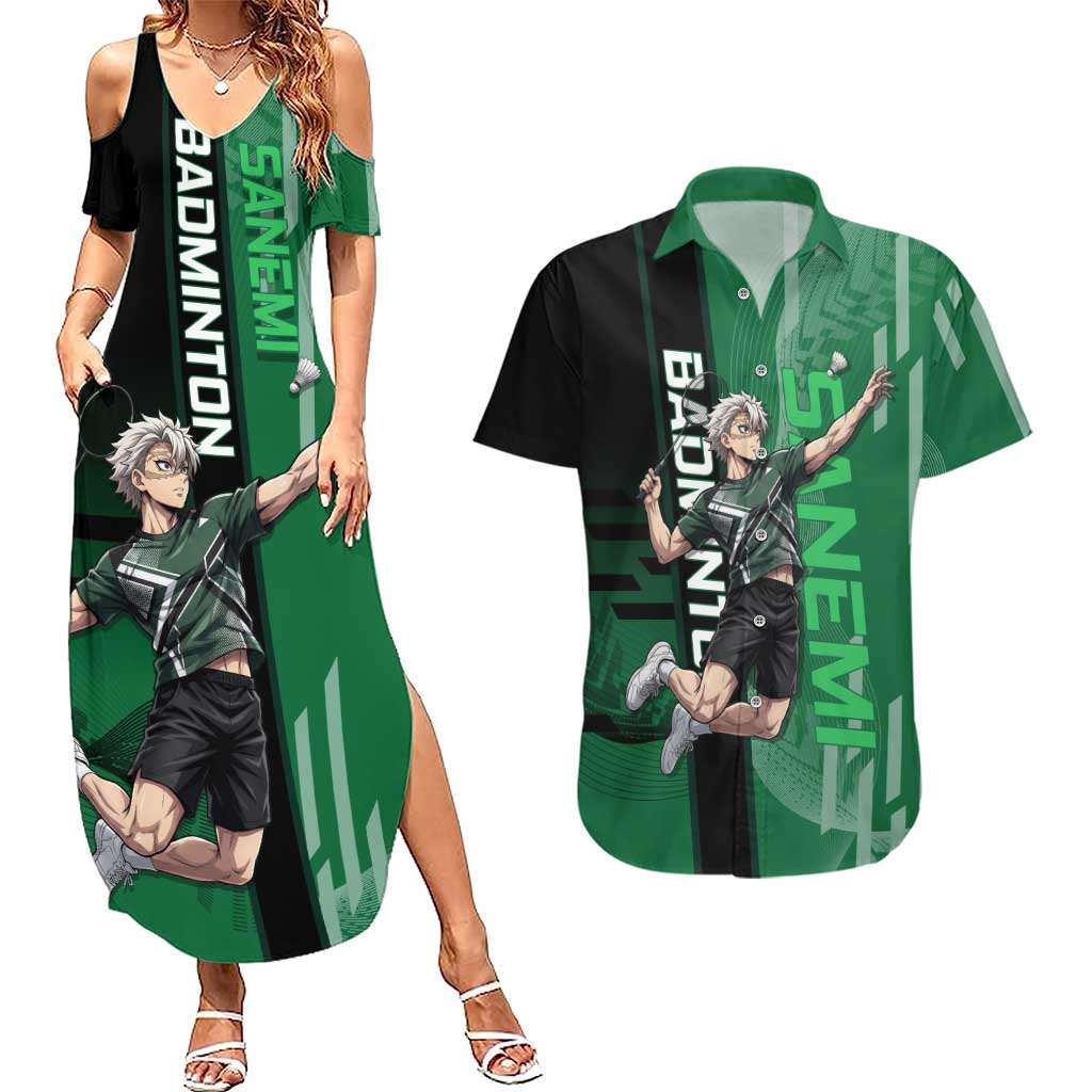 Personalized Shinazugawa Sanemi Badminton Couples Matching Summer Maxi Dress and Hawaiian Shirt Design with Jump Shot Pose - The Mazicc