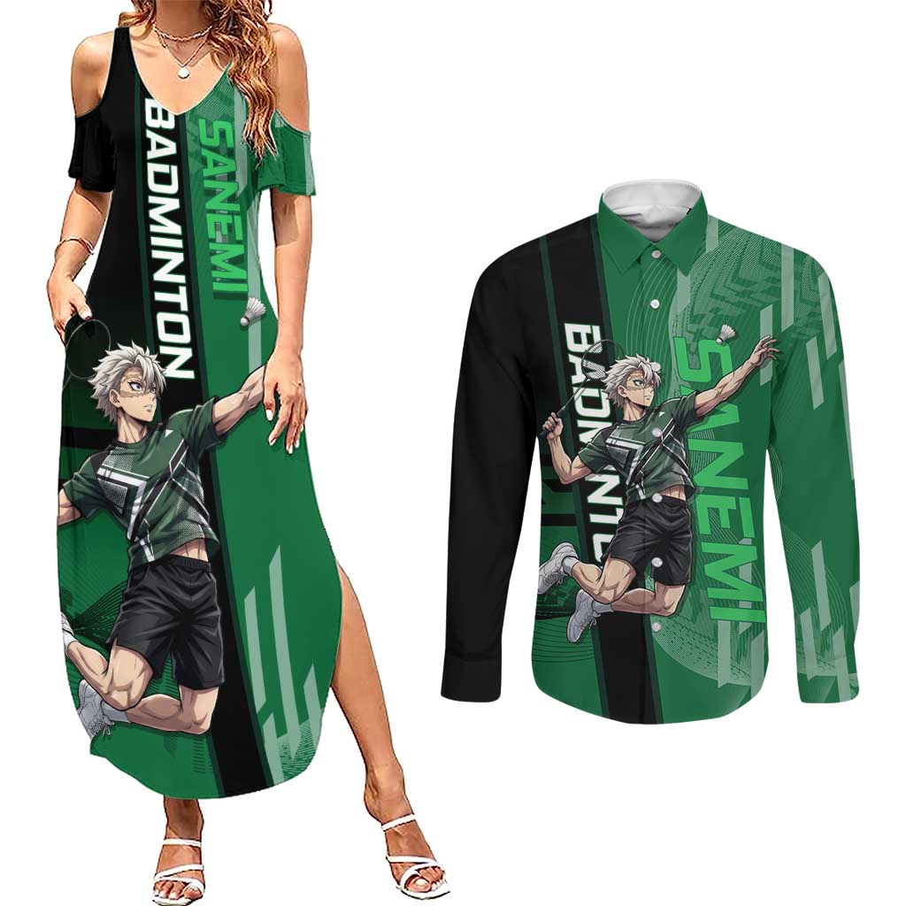 Personalized Shinazugawa Sanemi Badminton Couples Matching Summer Maxi Dress and Long Sleeve Button Shirt Design with Jump Shot Pose - The Mazicc