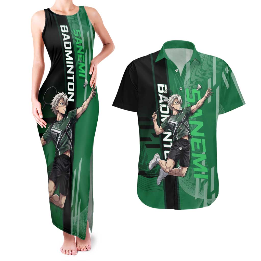 Personalized Shinazugawa Sanemi Badminton Couples Matching Tank Maxi Dress and Hawaiian Shirt Design with Jump Shot Pose - The Mazicc