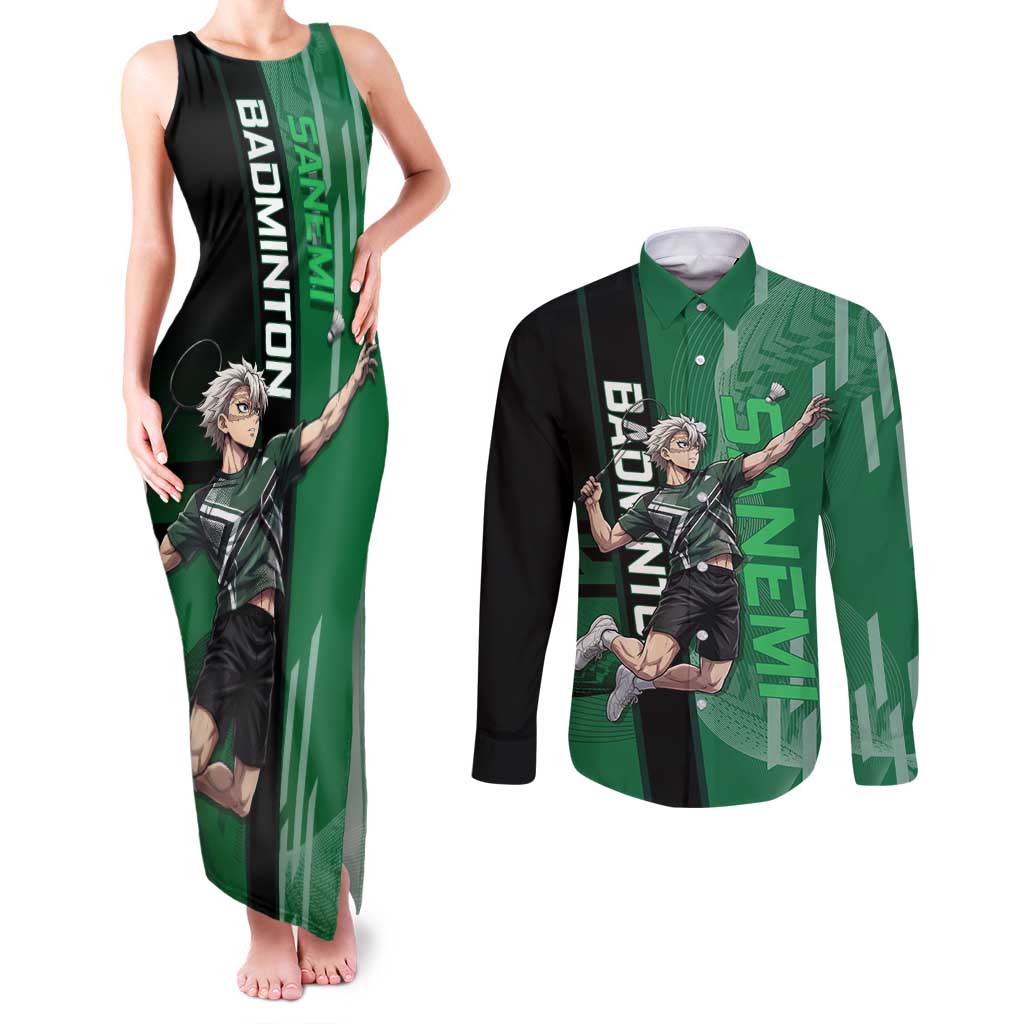 Personalized Shinazugawa Sanemi Badminton Couples Matching Tank Maxi Dress and Long Sleeve Button Shirt Design with Jump Shot Pose - The Mazicc