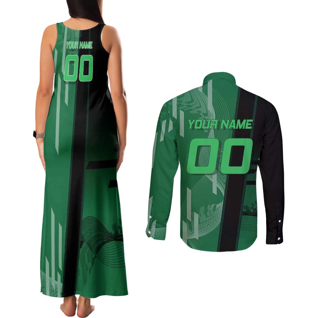 Personalized Shinazugawa Sanemi Badminton Couples Matching Tank Maxi Dress and Long Sleeve Button Shirt Design with Jump Shot Pose - The Mazicc