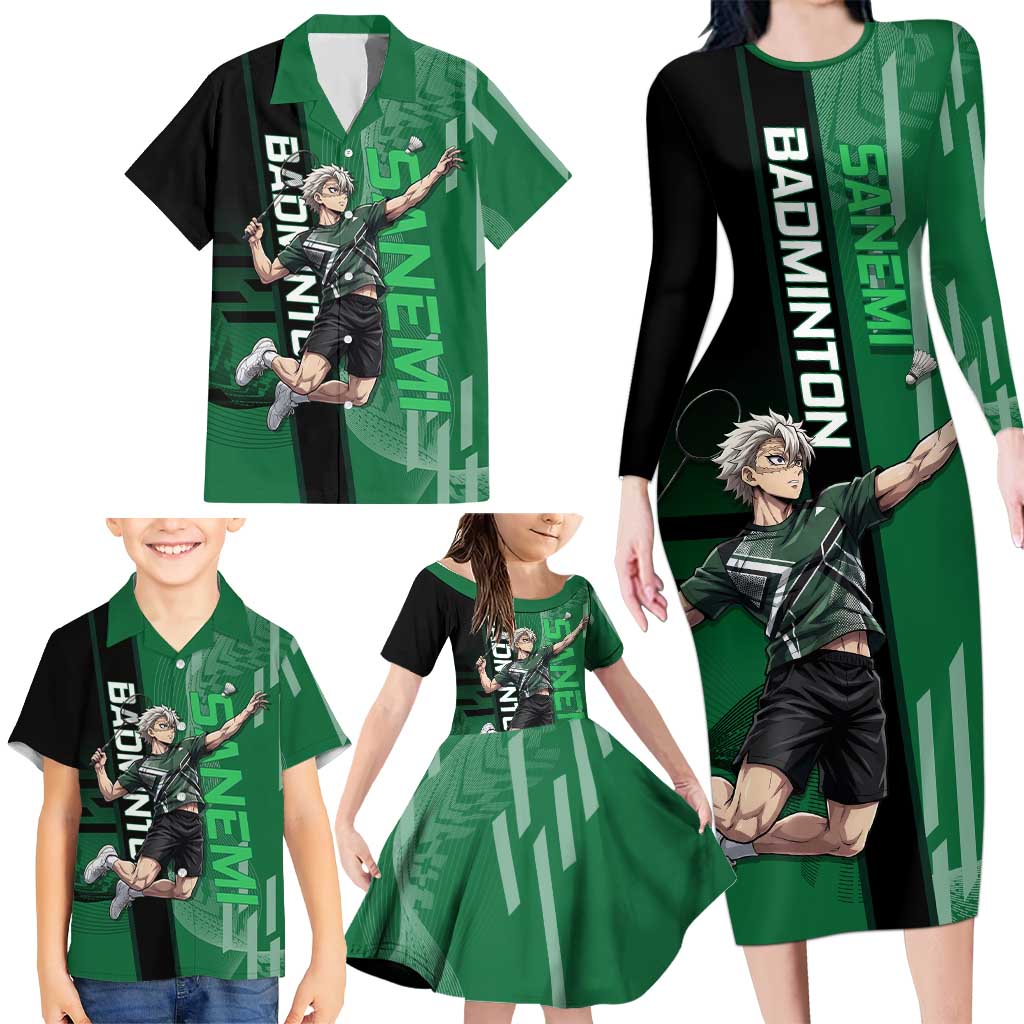 Personalized Shinazugawa Sanemi Badminton Family Matching Long Sleeve Bodycon Dress and Hawaiian Shirt Design with Jump Shot Pose