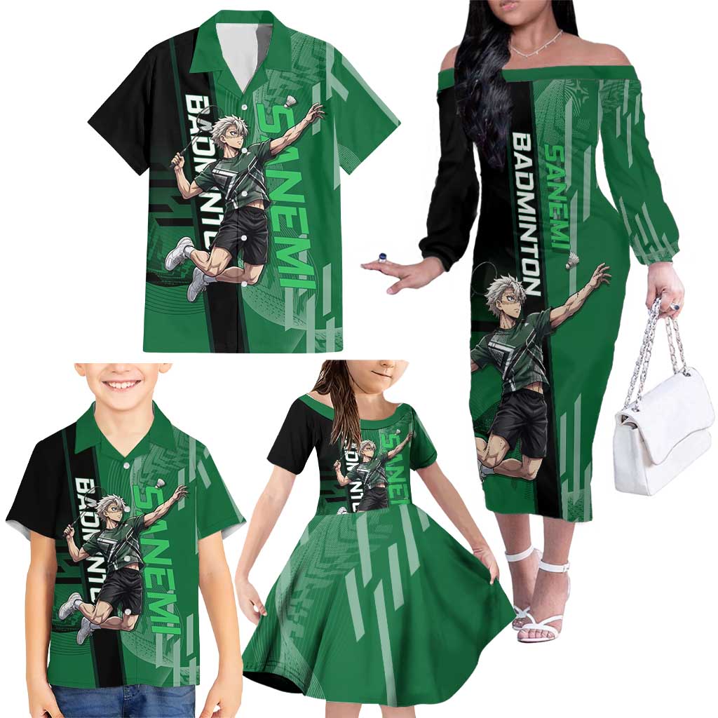 Personalized Shinazugawa Sanemi Badminton Family Matching Off The Shoulder Long Sleeve Dress and Hawaiian Shirt Design with Jump Shot Pose