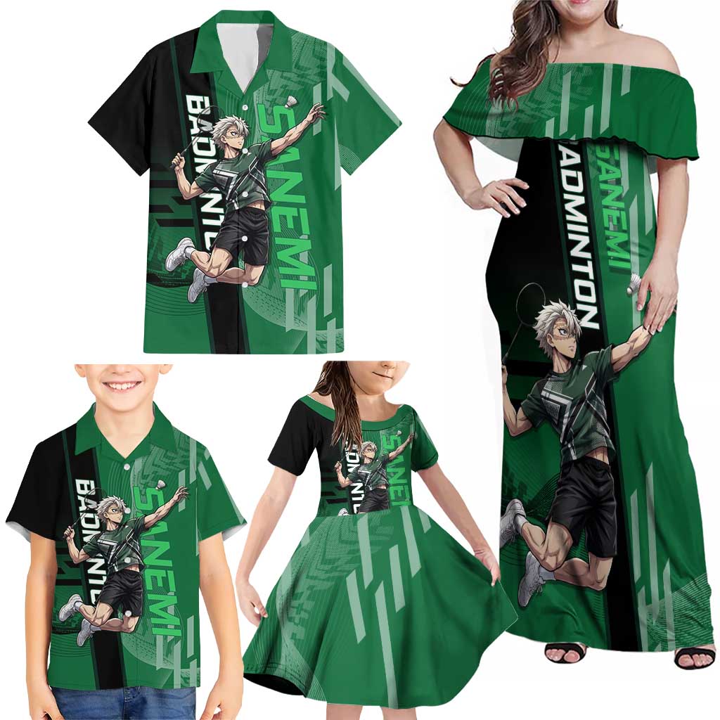 Personalized Shinazugawa Sanemi Badminton Family Matching Off Shoulder Maxi Dress and Hawaiian Shirt Design with Jump Shot Pose