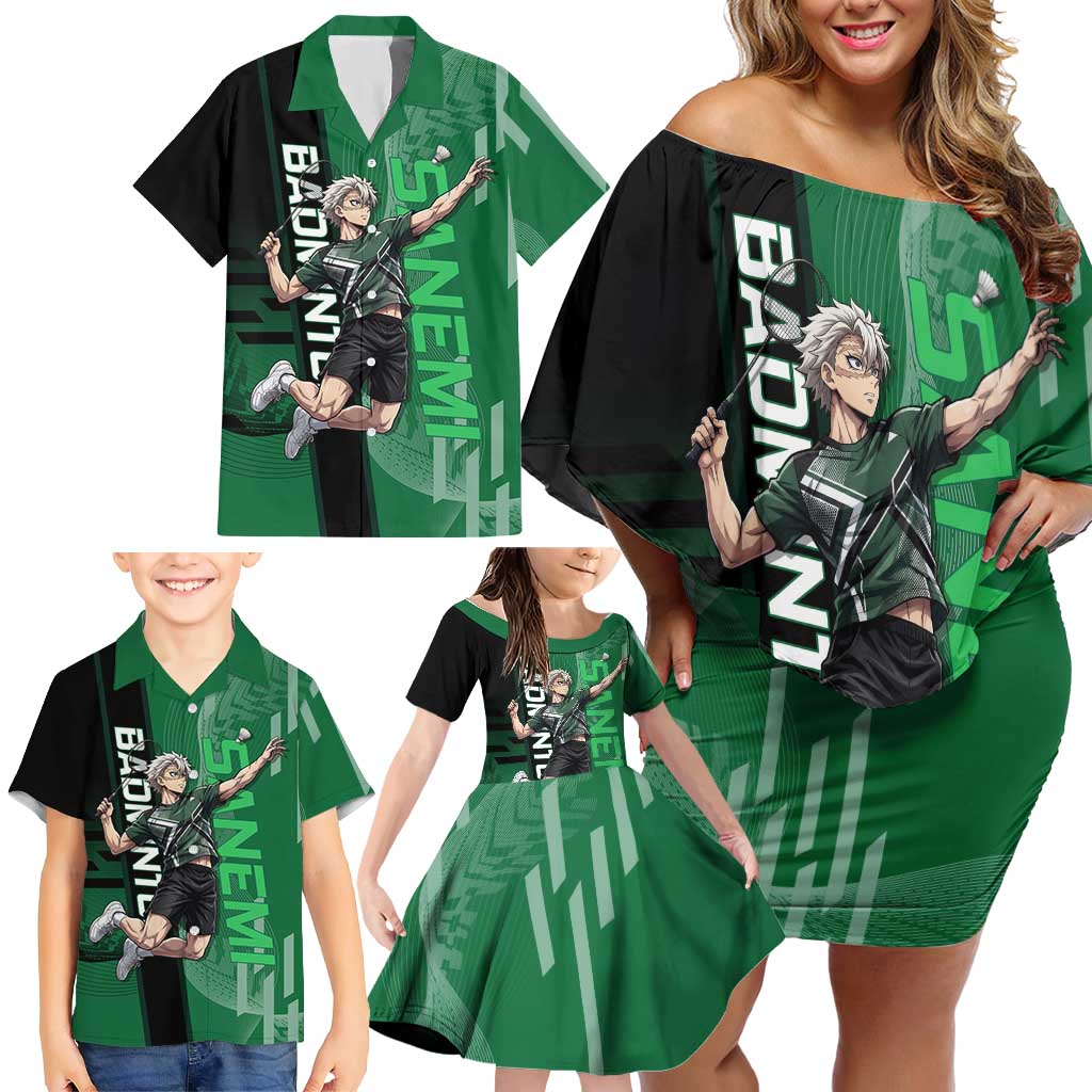 Personalized Shinazugawa Sanemi Badminton Family Matching Off Shoulder Short Dress and Hawaiian Shirt Design with Jump Shot Pose