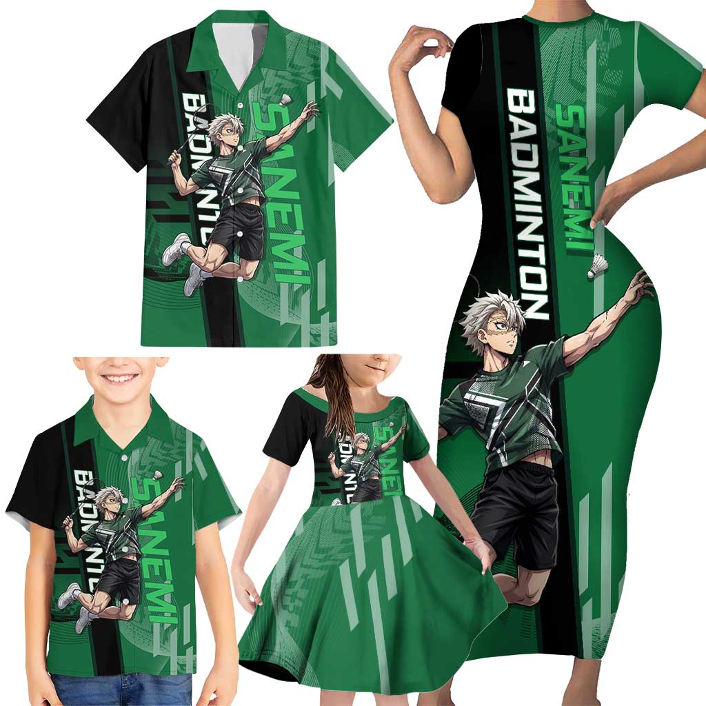 Personalized Shinazugawa Sanemi Badminton Family Matching Short Sleeve Bodycon Dress and Hawaiian Shirt Design with Jump Shot Pose