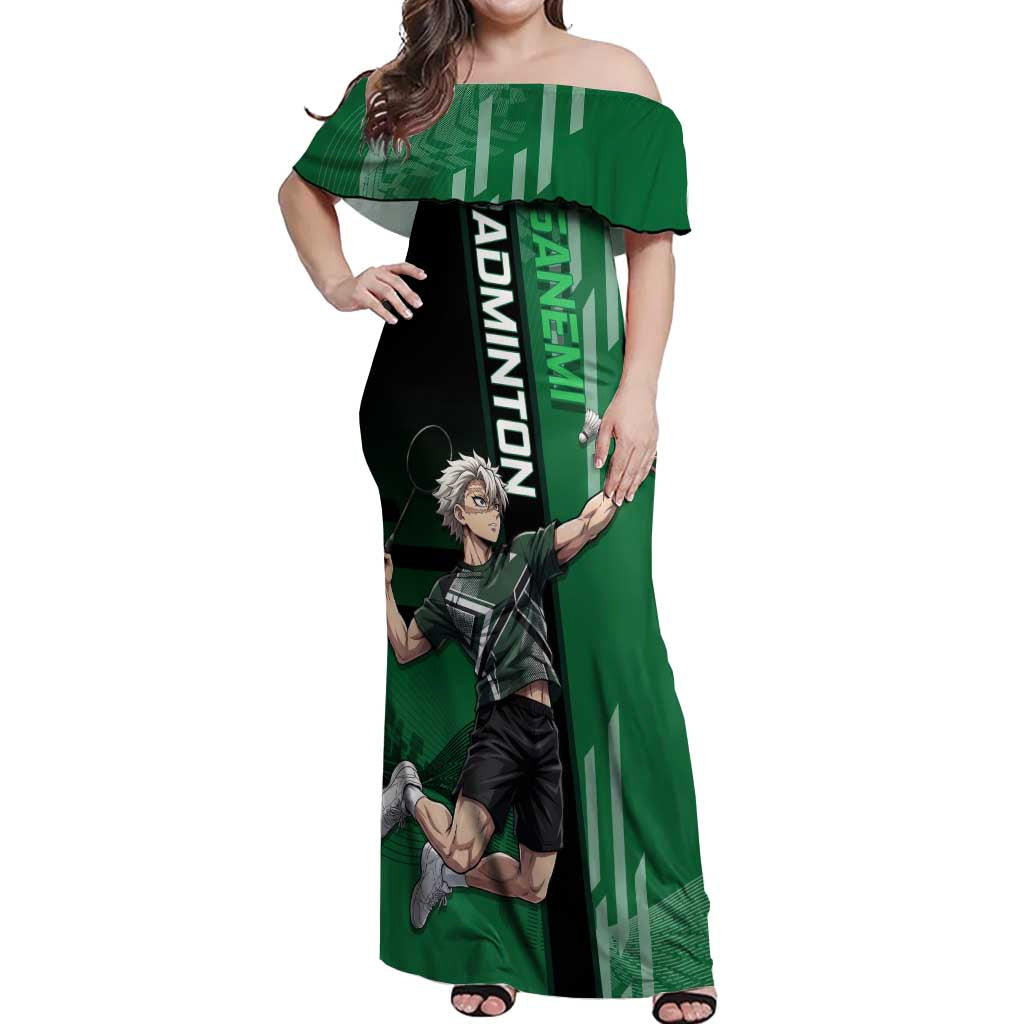 Personalized Shinazugawa Sanemi Badminton Off Shoulder Maxi Dress Design with Jump Shot Pose - The Mazicc