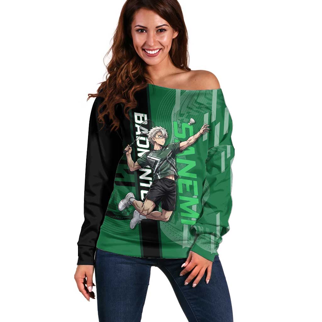 Personalized Shinazugawa Sanemi Badminton Off Shoulder Sweater Design with Jump Shot Pose - The Mazicc