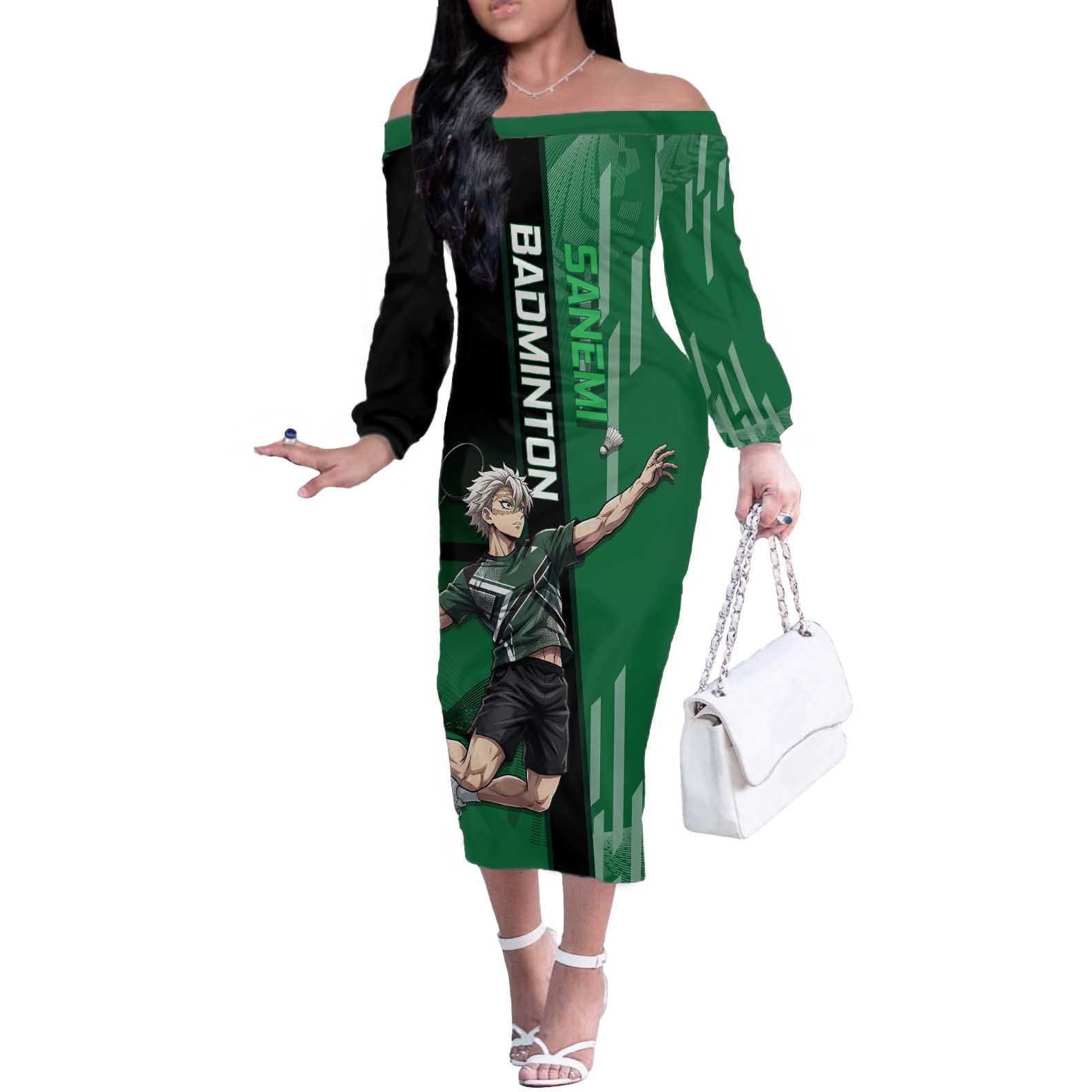 Personalized Shinazugawa Sanemi Badminton Off The Shoulder Long Sleeve Dress Design with Jump Shot Pose - The Mazicc