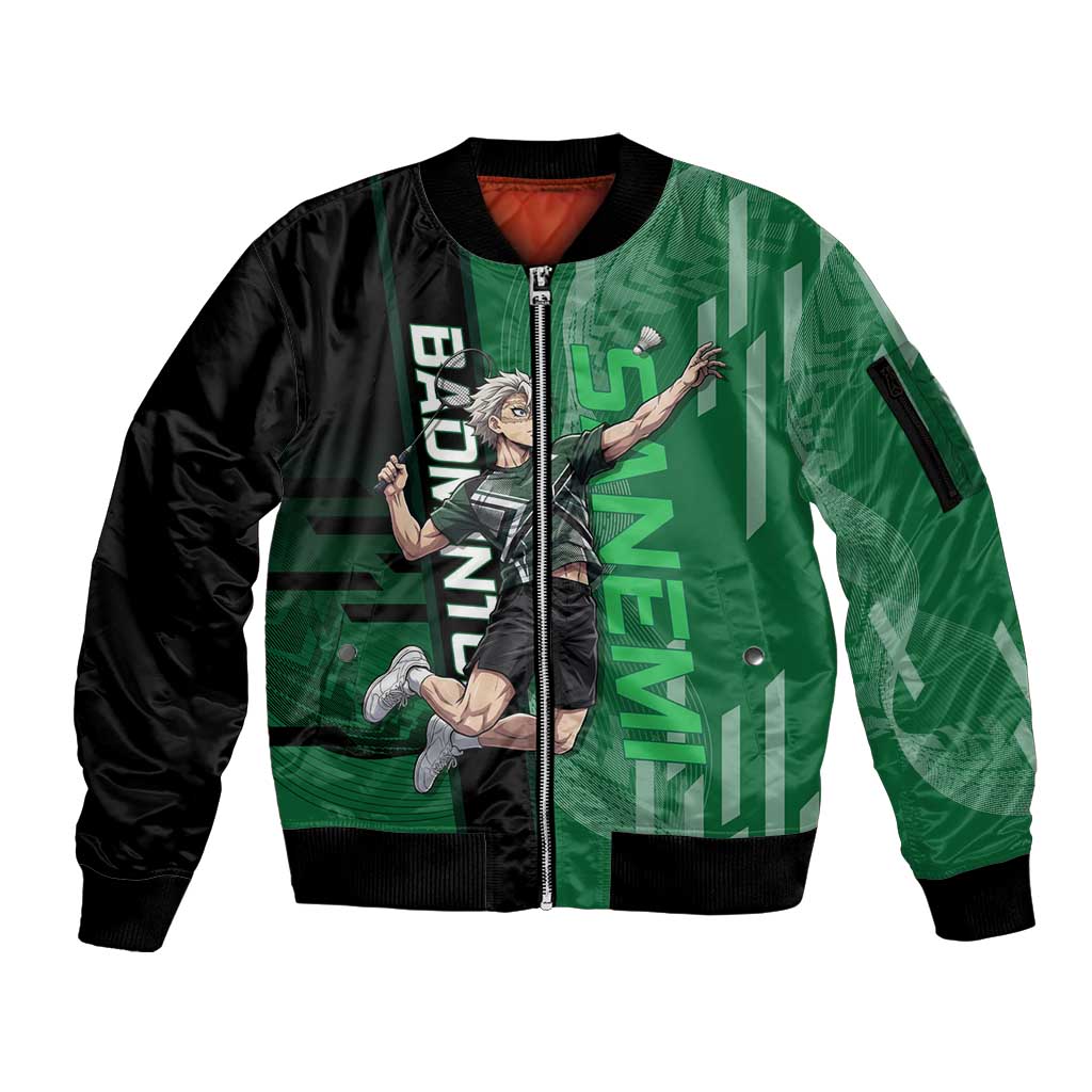 Personalized Shinazugawa Sanemi Badminton Sleeve Zip Bomber Jacket Design with Jump Shot Pose - The Mazicc