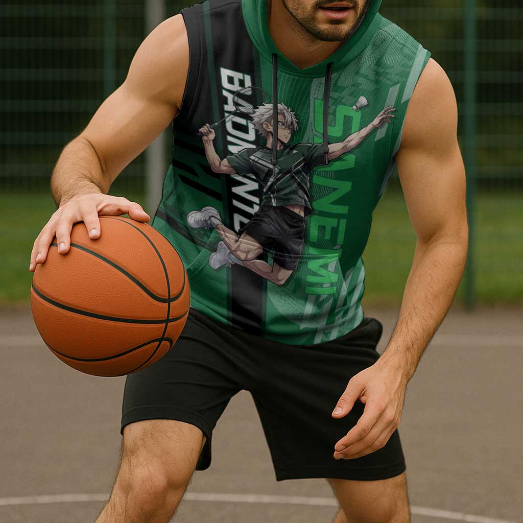 Personalized Shinazugawa Sanemi Badminton Sleeveless Hoodie Design with Jump Shot Pose - The Mazicc