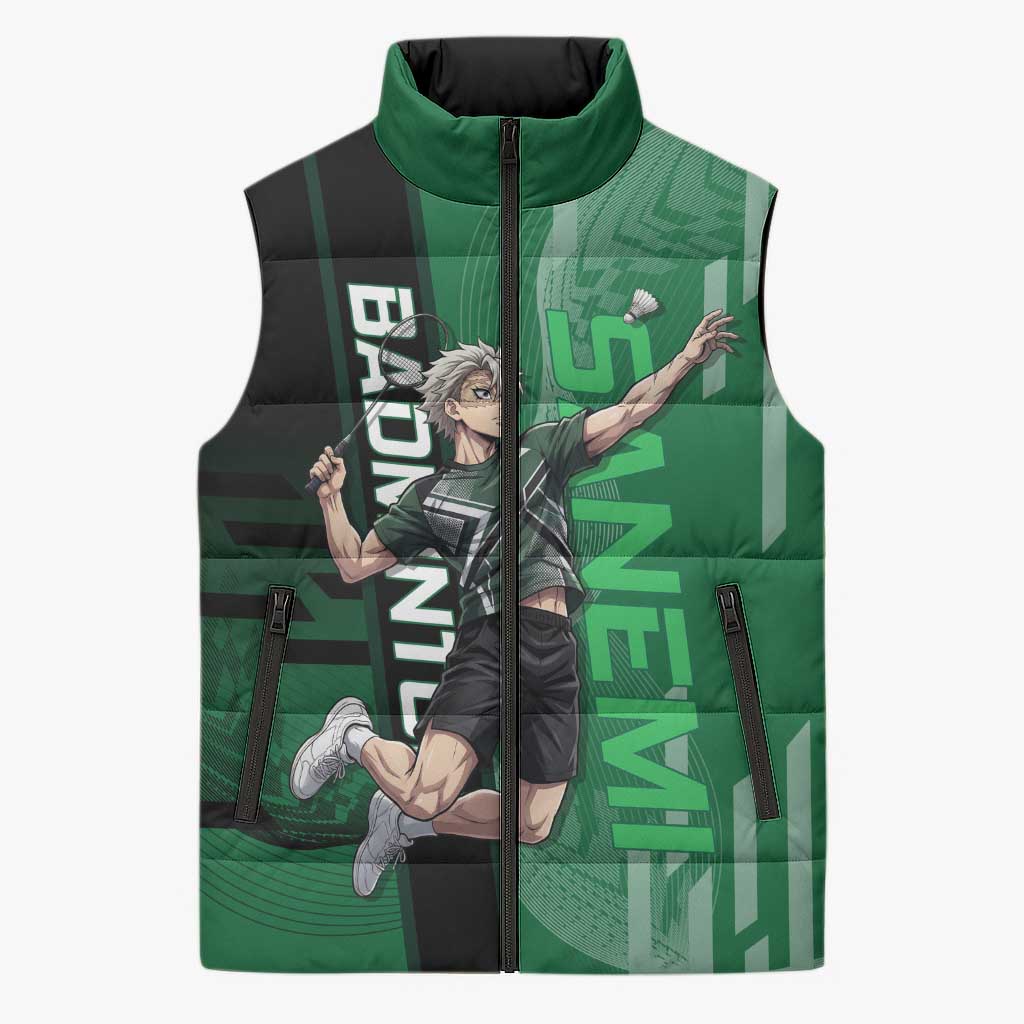 Personalized Shinazugawa Sanemi Badminton Sleeveless Puffer Jacket Design with Jump Shot Pose - The Mazicc