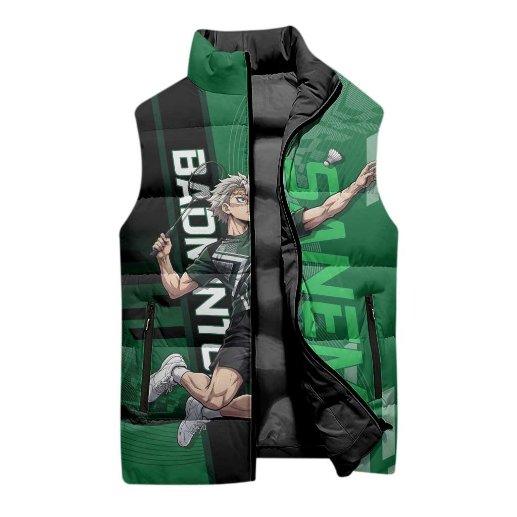 Personalized Shinazugawa Sanemi Badminton Sleeveless Puffer Jacket Design with Jump Shot Pose - The Mazicc