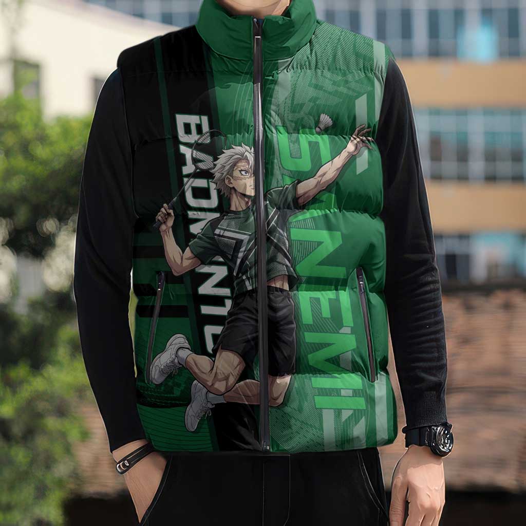Personalized Shinazugawa Sanemi Badminton Sleeveless Puffer Jacket Design with Jump Shot Pose - The Mazicc