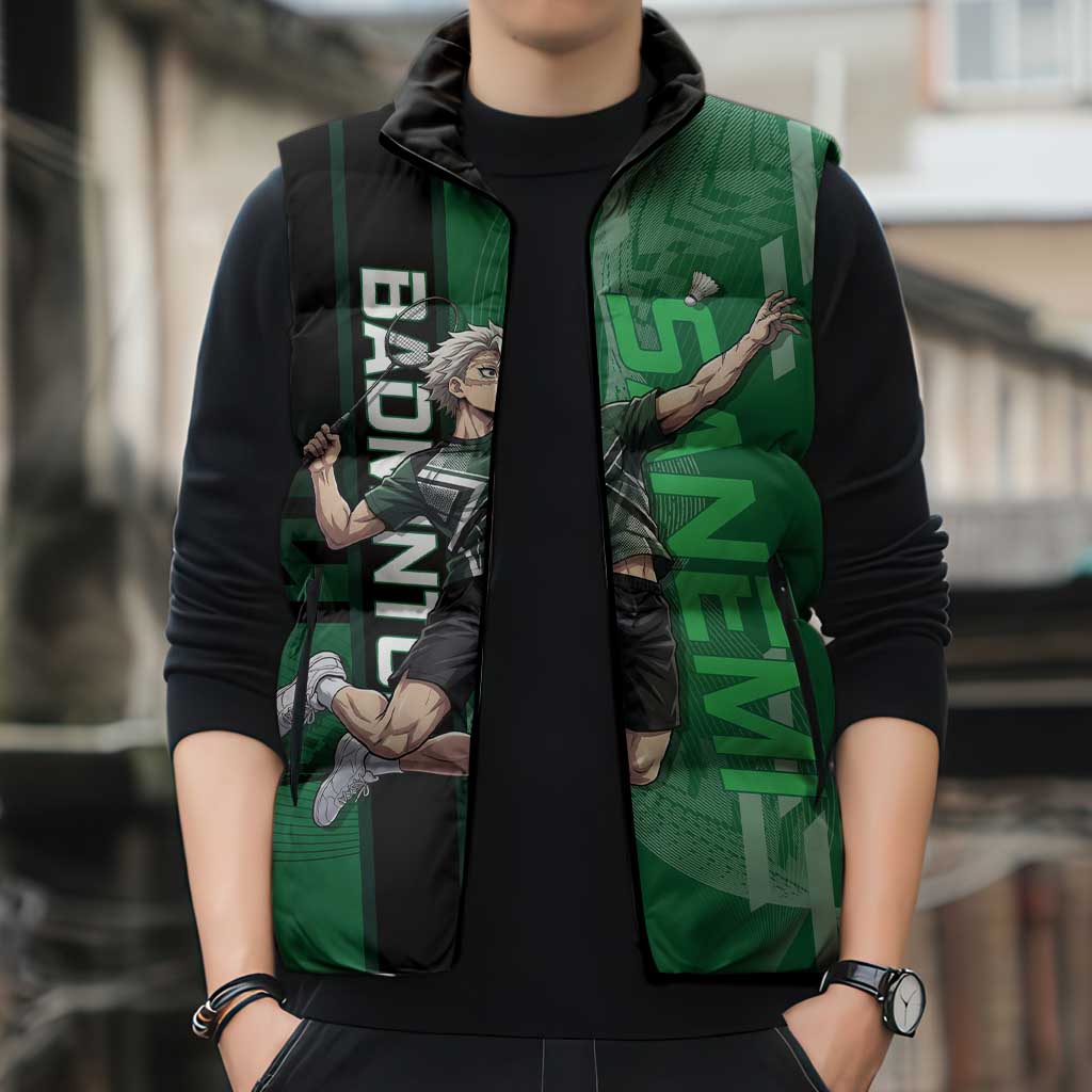 Personalized Shinazugawa Sanemi Badminton Sleeveless Puffer Jacket Design with Jump Shot Pose - The Mazicc