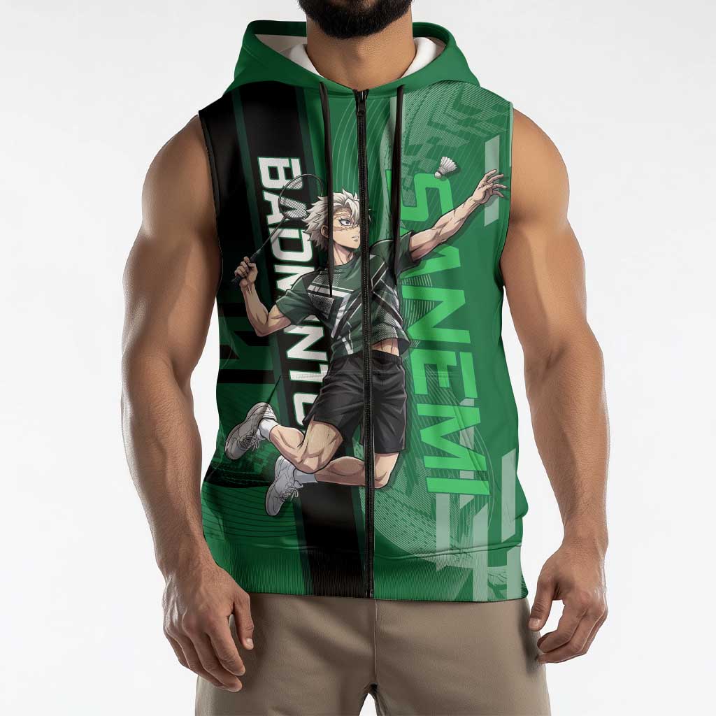 Personalized Shinazugawa Sanemi Badminton Sleeveless Zip Hoodie Design with Jump Shot Pose - The Mazicc
