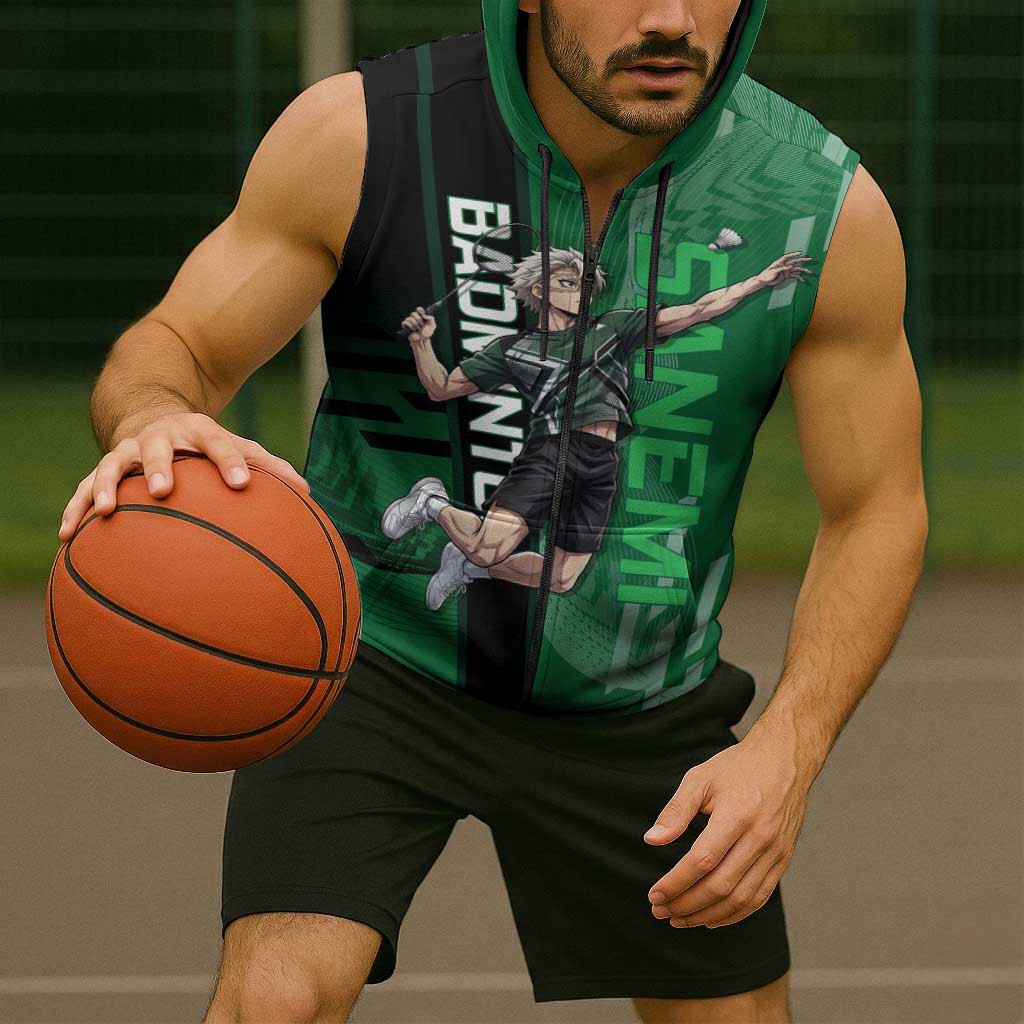 Personalized Shinazugawa Sanemi Badminton Sleeveless Zip Hoodie Design with Jump Shot Pose - The Mazicc