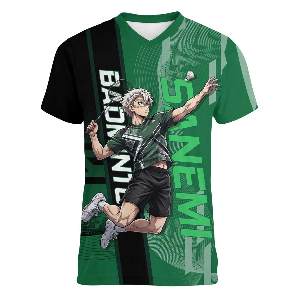 Personalized Shinazugawa Sanemi Badminton Women V-Neck T-Shirt Design with Jump Shot Pose - The Mazicc