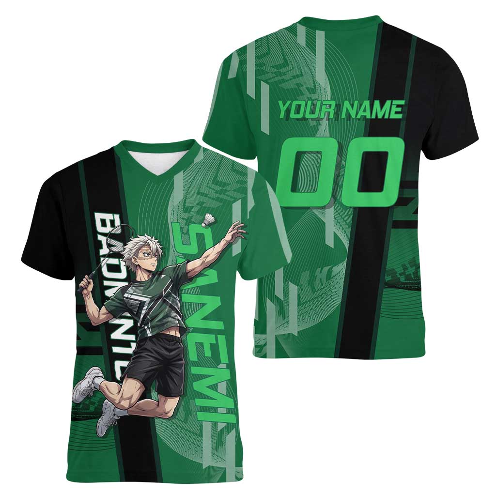 Personalized Shinazugawa Sanemi Badminton Women V-Neck T-Shirt Design with Jump Shot Pose - The Mazicc