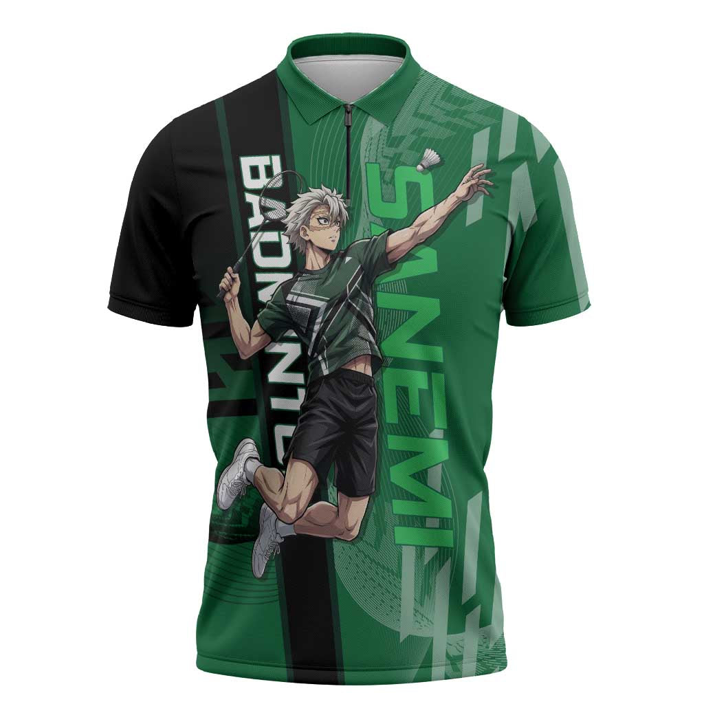 Personalized Shinazugawa Sanemi Badminton Zipper Polo Shirt Design with Jump Shot Pose - The Mazicc