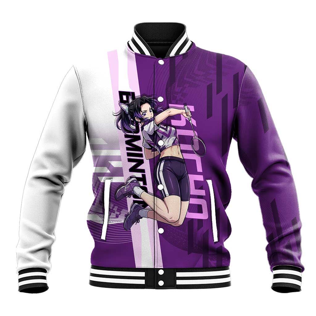 Personalized Shinobu Kocho Badminton Baseball Jacket with Jump Smash Pose - The Mazicc
