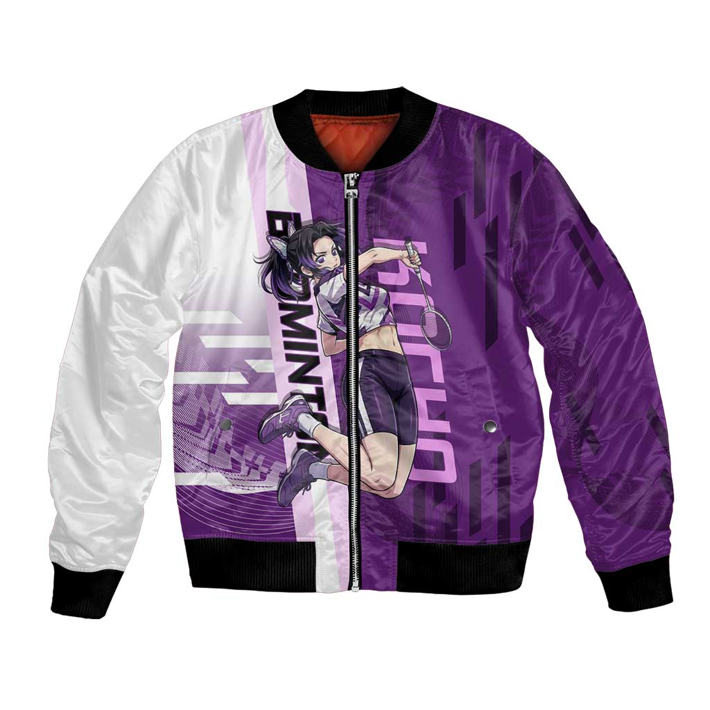 Personalized Shinobu Kocho Badminton Bomber Jacket with Jump Smash Pose - The Mazicc