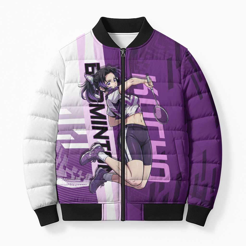Personalized Shinobu Kocho Badminton Bomber Puffer Jacket with Jump Smash Pose - The Mazicc