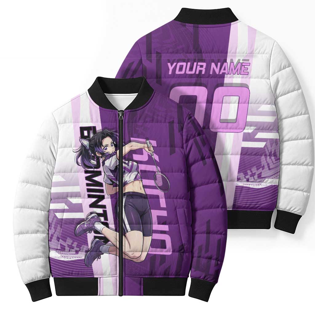 Personalized Shinobu Kocho Badminton Bomber Puffer Jacket with Jump Smash Pose - The Mazicc