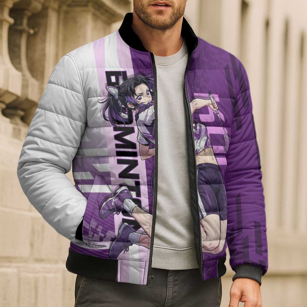 Personalized Shinobu Kocho Badminton Bomber Puffer Jacket with Jump Smash Pose - The Mazicc
