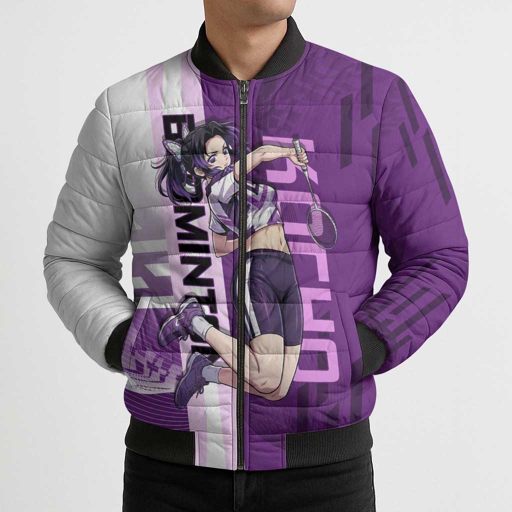 Personalized Shinobu Kocho Badminton Bomber Puffer Jacket with Jump Smash Pose - The Mazicc