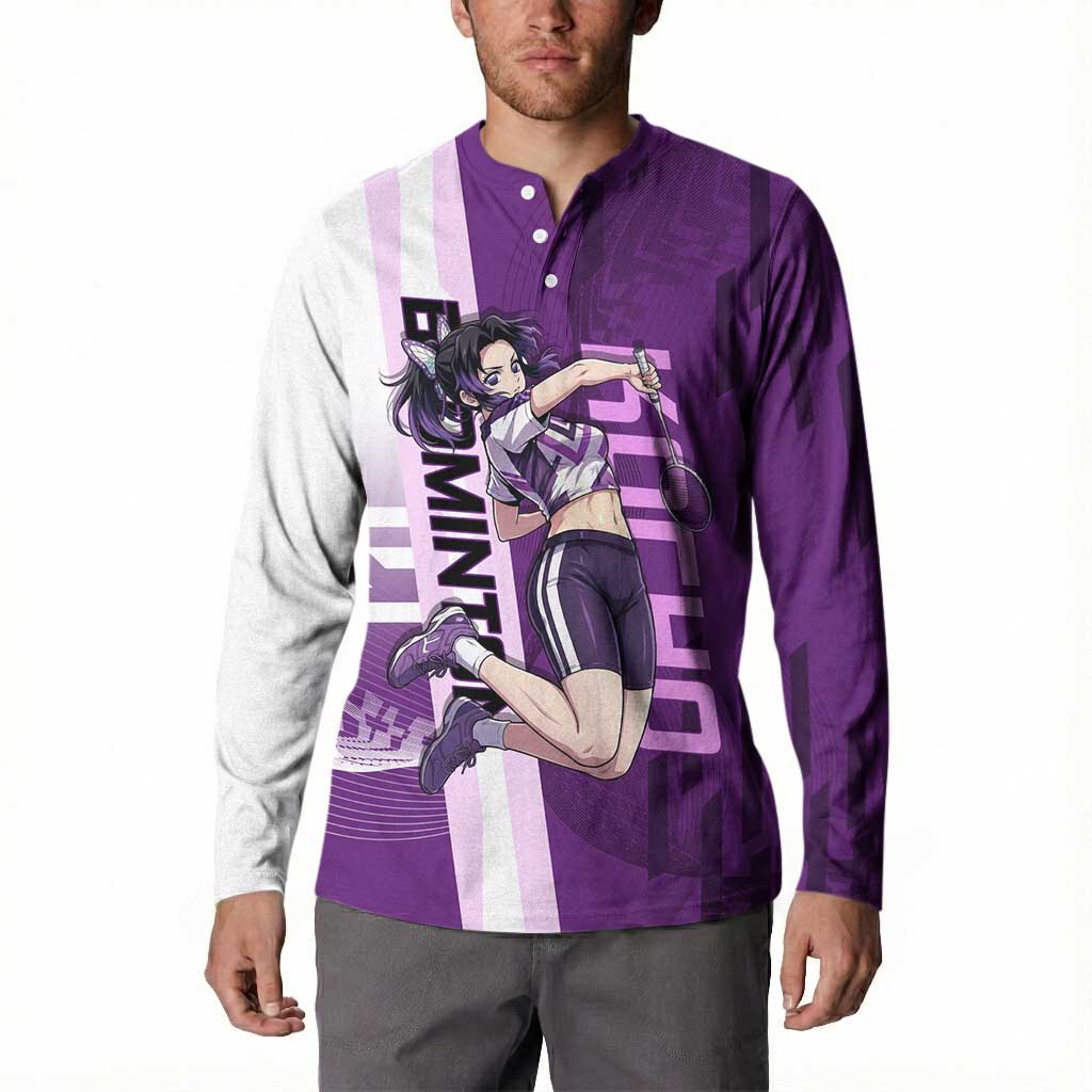 Personalized Shinobu Kocho Badminton Button Sweatshirt with Jump Smash Pose - The Mazicc