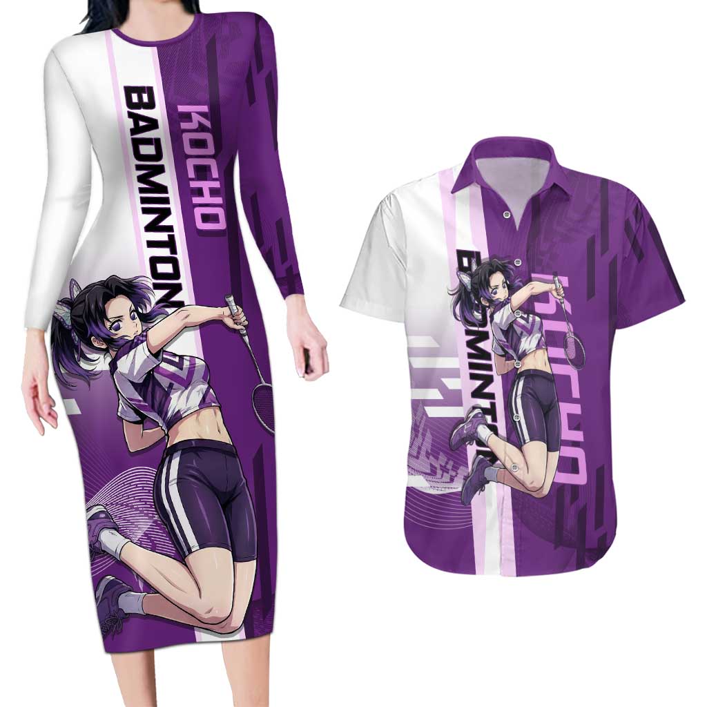 Personalized Shinobu Kocho Badminton Couples Matching Long Sleeve Bodycon Dress and Hawaiian Shirt with Jump Smash Pose - The Mazicc